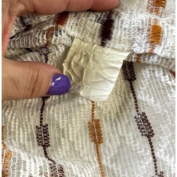 Vintage 70s curtain, white brown stripes, net woven mesh, rod head panel, for 1 - Picture 7 of 10